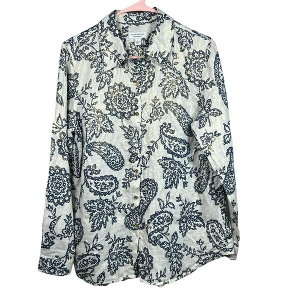 Charter Club Weekend Linen Shirt L Metallic Floral Paisley Casual Button Down - Picture 3 of 14